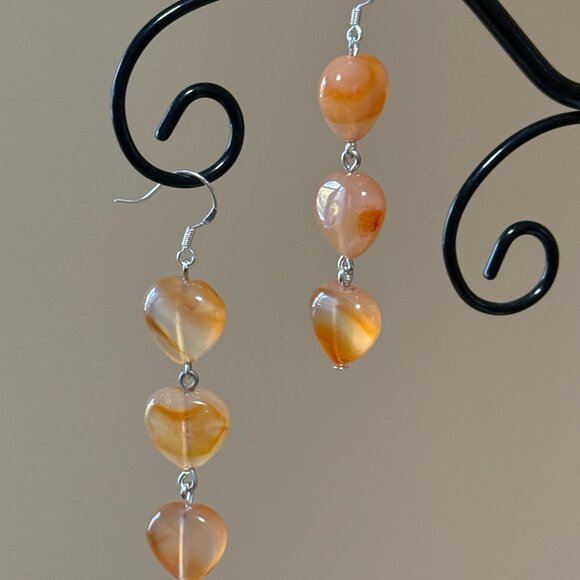2/$20, Genuine Orange Agate Stone Heart Silver Dangle Earrings - Picture 7 of 11